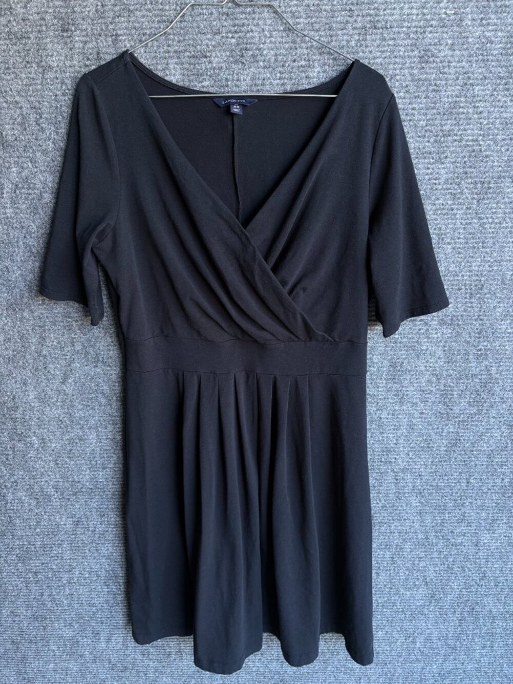 Lands' End Black Faux Wrap Dress Womens M 10-12 Short Sleeve Fit Flare